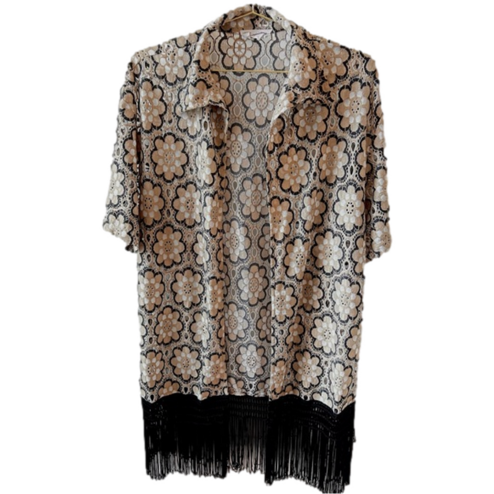 Self Contrast Anthropologie Floral Lace Eyelet Kimono Black Tan Boho One Size